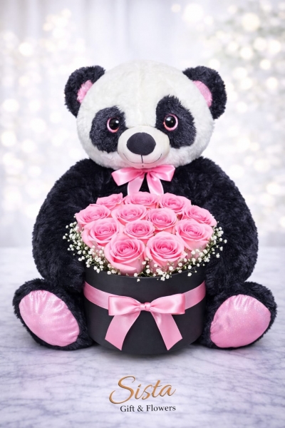 Çamköy Premium Canlı Gül Kutusu ve Panda 50cm